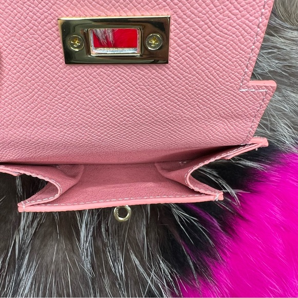 Pink Genuine Epsom Leather Coin Purse Compact Card Holder with Gold hardware. - Picture 4 of 7